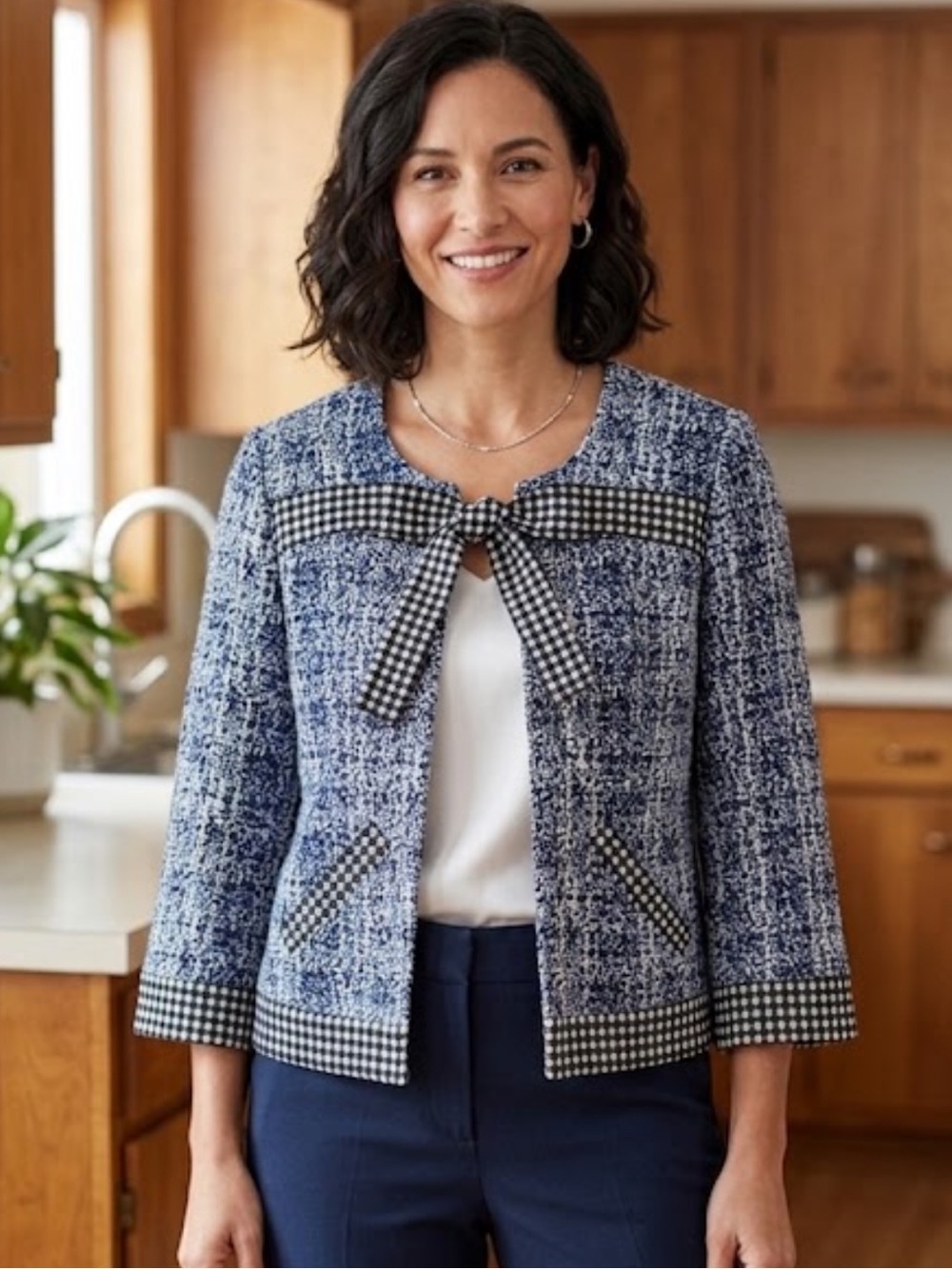 NWOT Cabi Tweed Bow Front Jacket Blue Gingham Trim Cropped Blazer Sz M⁠
